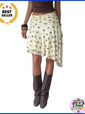Women's Polka Dots Asymmetrical Flowy Midi Skirt Ruched Waist Ruffled